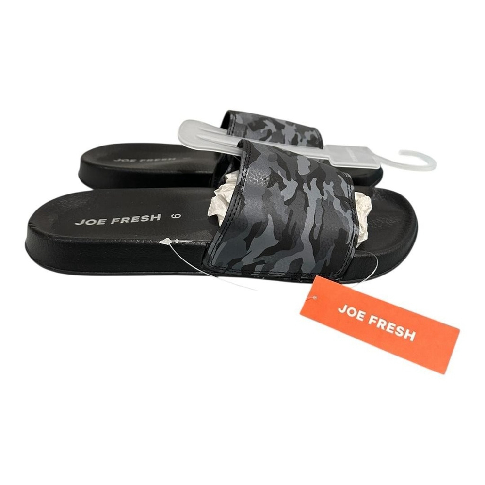 Joe Fresh Slide Sandals Shoes Mens Size 9 Black Camo Slip On Pool Beach Casual
